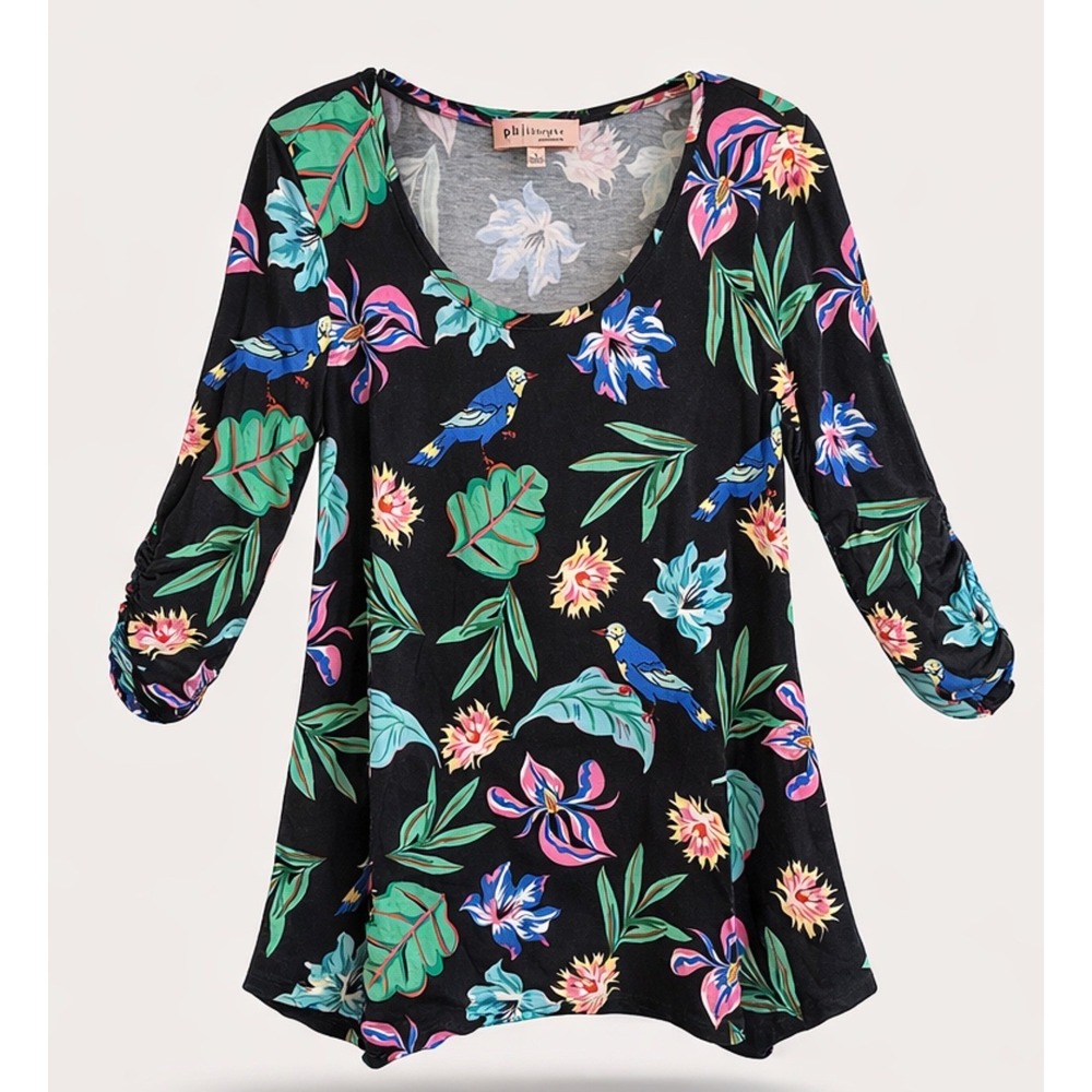 Philosophy Republic Clothing Tropical Bird Floral Ruched Sleeve Tunic‎ Dress L